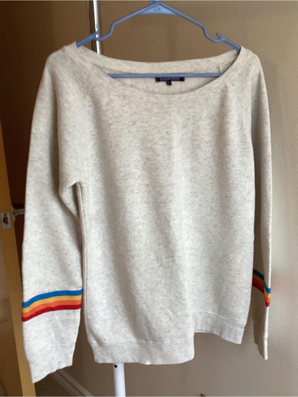 Ocean Drive Cream Crewneck Sweater with Rainbow Stripe Cuffs
